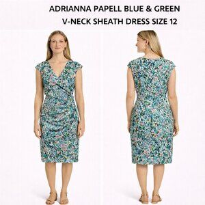 Adrianna Papell Blue and Green V-Neck Sheath Dress Size 12